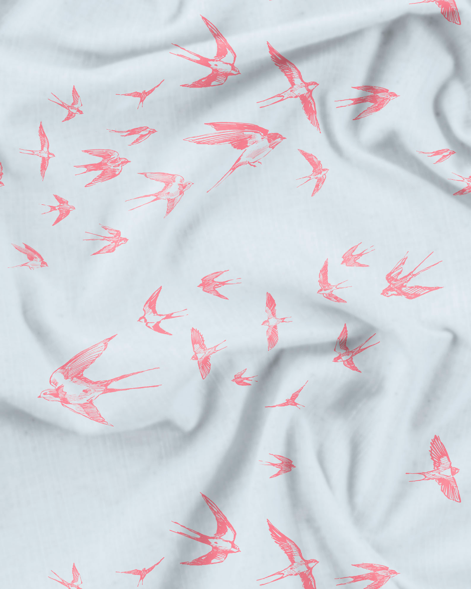 Mens Boxer Shorts - Pink Swallows on Pale Blue