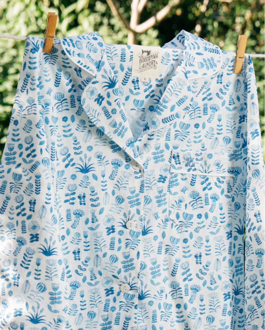 Womens Long Pyjamas - Blue Floral on White