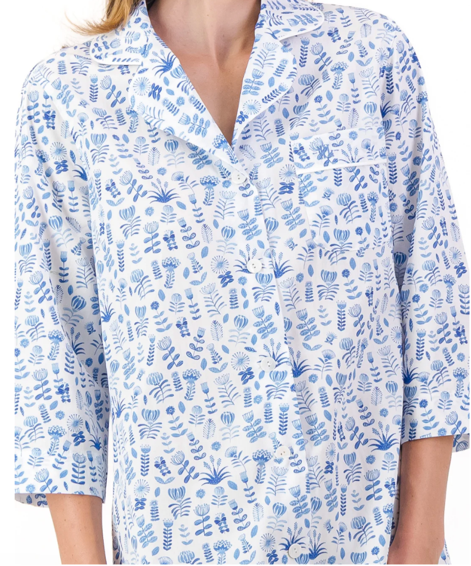 Womens Long Pyjamas - Blue Floral on White