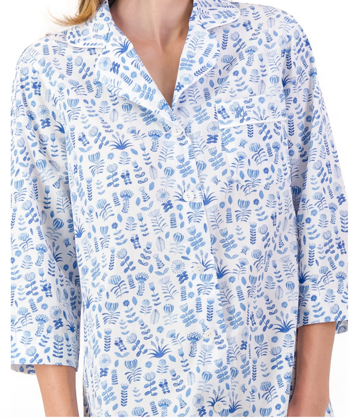 Womens Long Pyjamas - Blue Floral on White