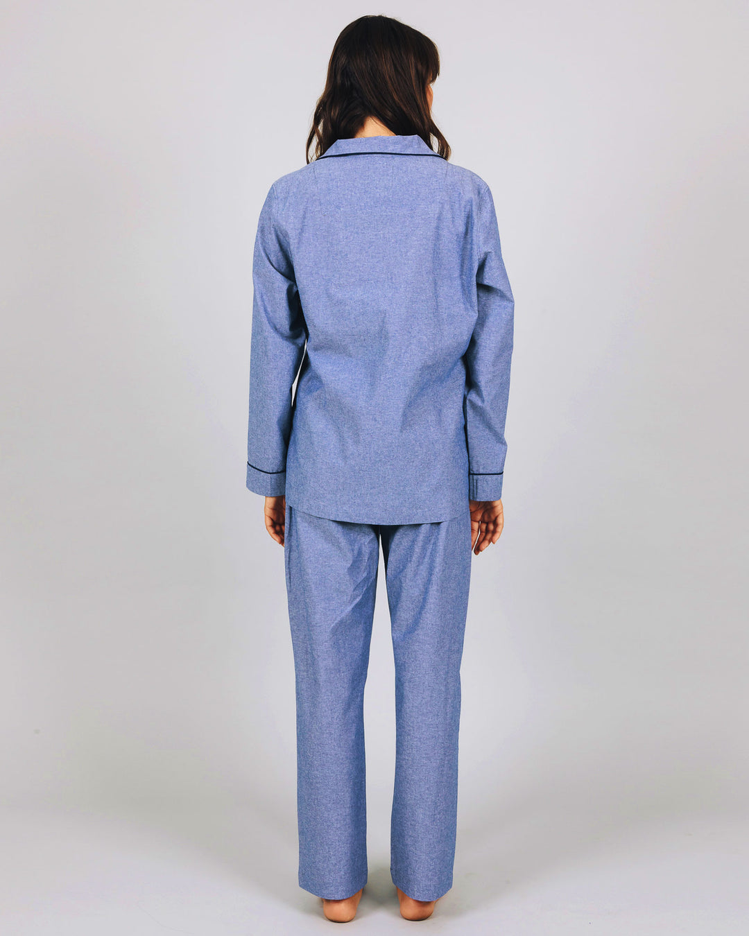 Womens Long Pyjamas Chambray Blue Sky Back - Woodstock Laundry UK
