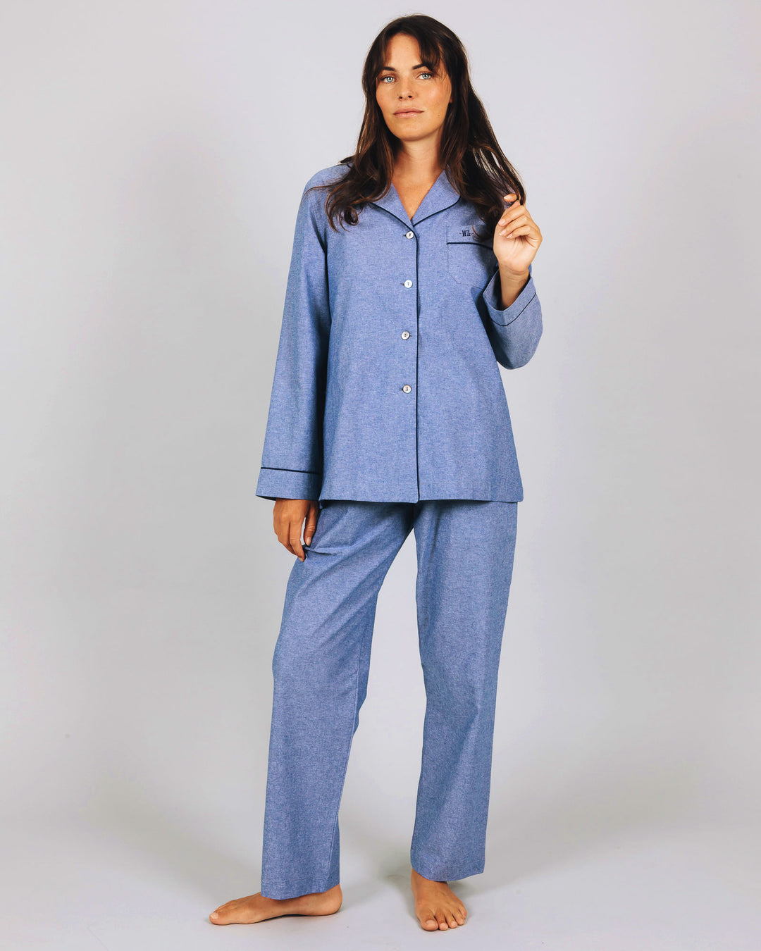 Womens Long Pyjamas Chambray Blue Sky Front - Woodstock Laundry UK