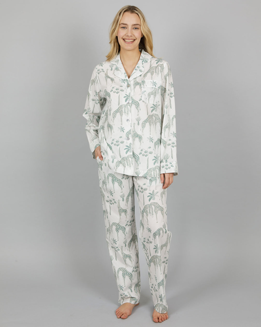 Womens Long Pyjamas - Green Giraffe