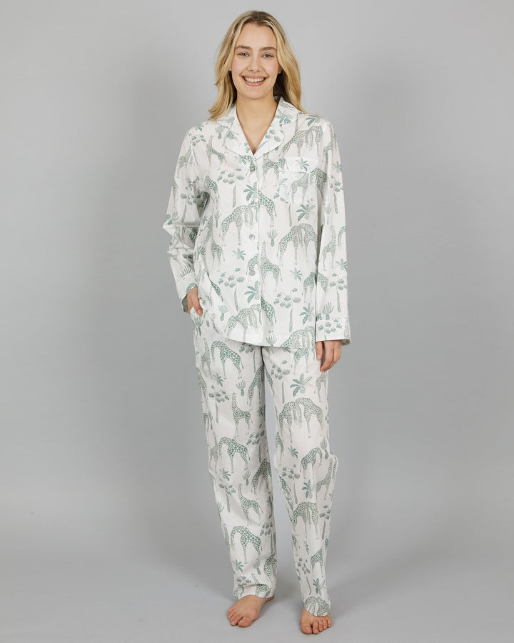 Womens Long Pyjamas - Green Giraffe