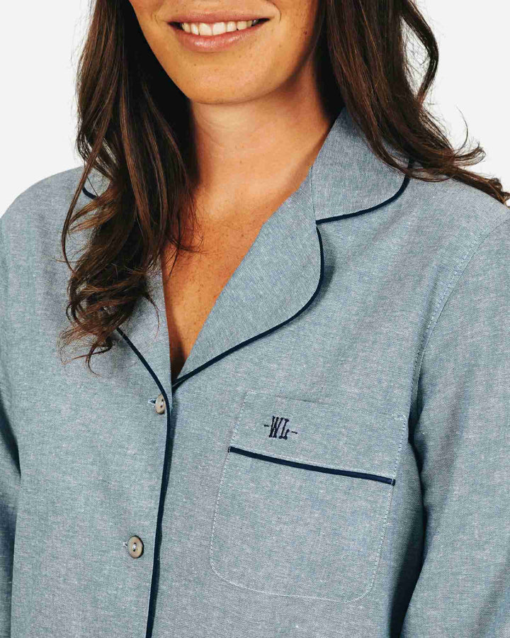 Women's Sleep Shirt - Blue Sky with Navy Piping