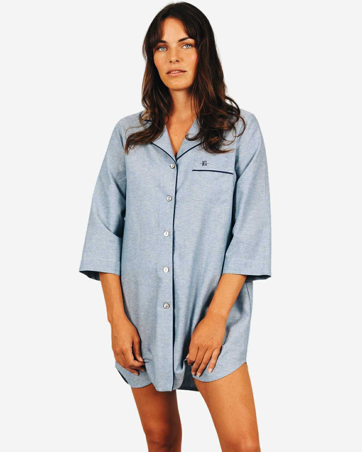 Women's Sleep Shirt - Blue Sky with Navy Piping