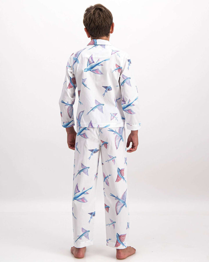 Boys Long Pyjamas Flying Fish White Back - Woodstock Laundry UK