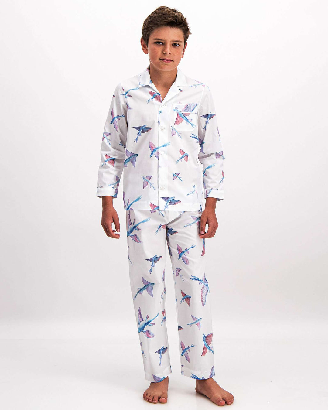 Boys Long Pyjamas Flying Fish White Front - Woodstock Laundry UK