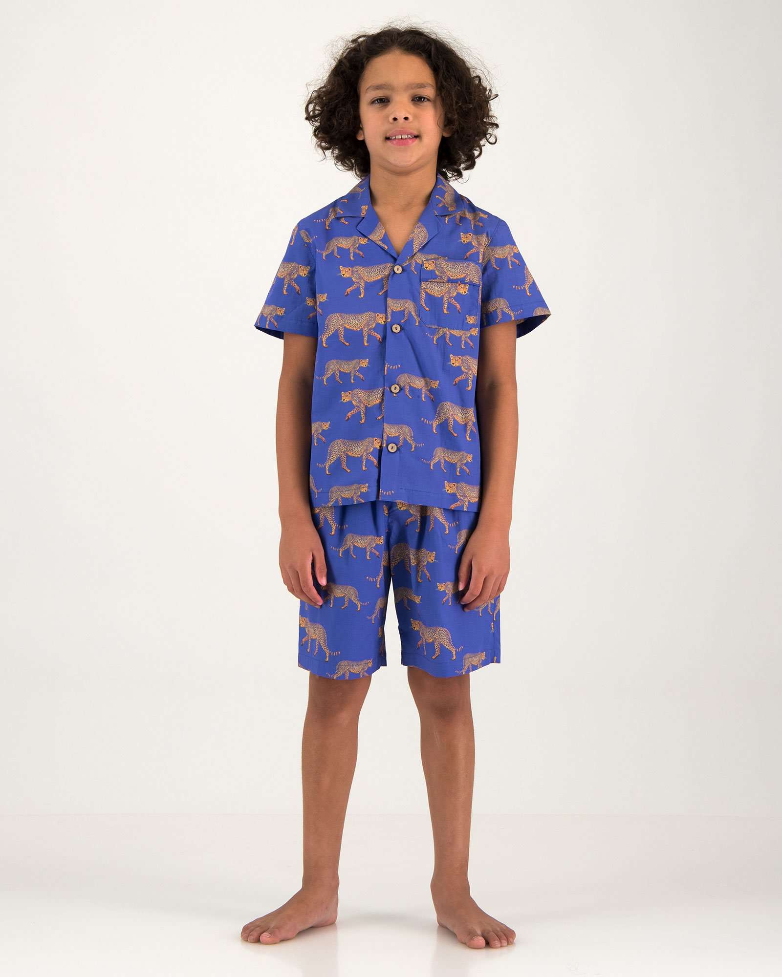 Boys Short Pyjamas Blue Cheetahs Front - Woodstock Laundry UK