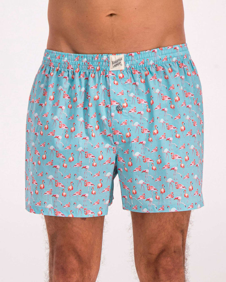 Mens Boxer Shorts Blue Flamingos - Woodstock Laundry