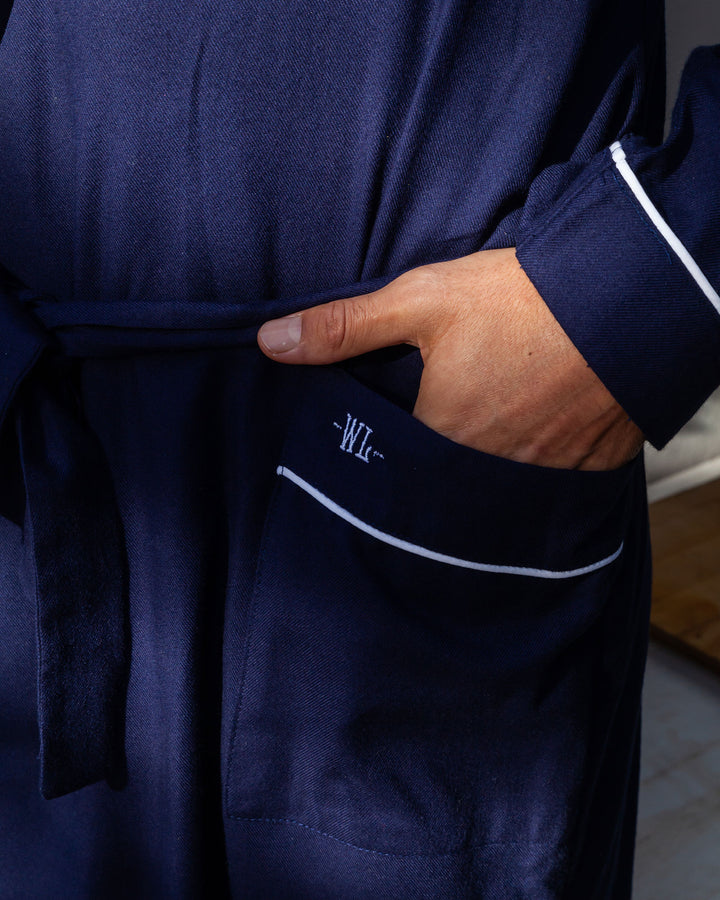 Mens Flannel Dressing Gown Navy with White Piping Detail - Woodstock Laundry UK