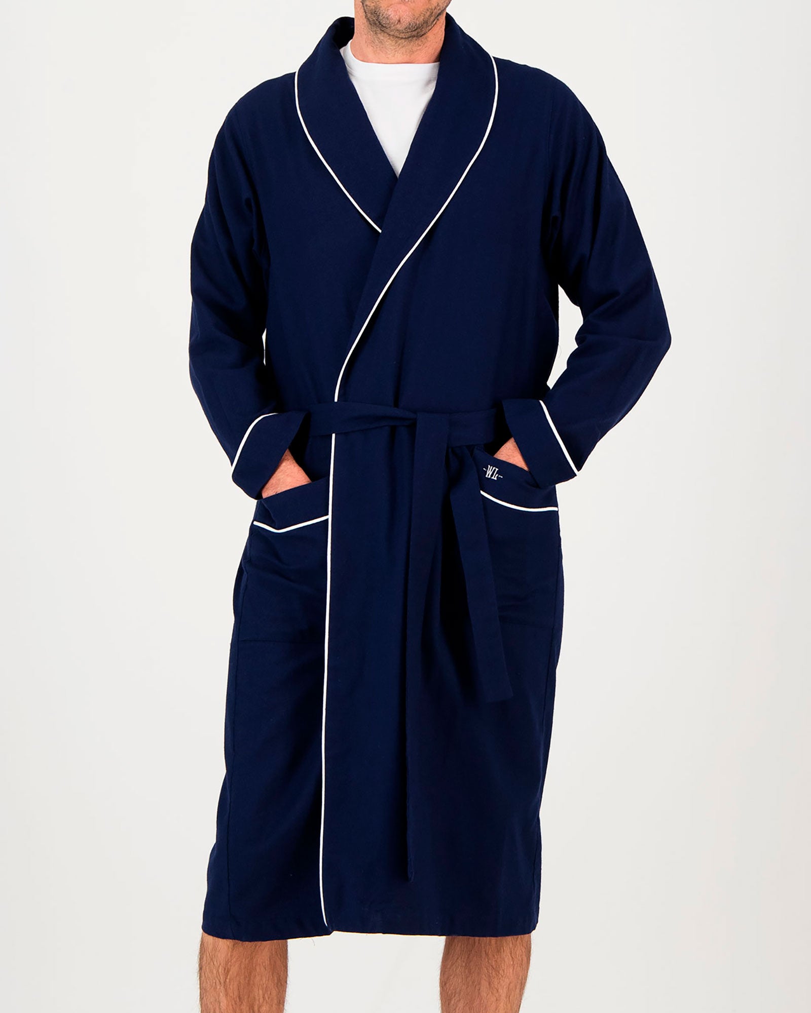 Mens Flannel Dressing Gown Navy with White Piping Front - Woodstock Laundry UK