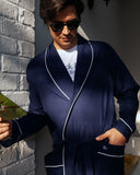 Mens Flannel Dressing Gown Navy with White Piping Lifestyle - Woodstock Laundry UK