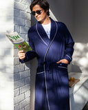 Mens Flannel Dressing Gown Navy with White Piping Lifestyle - Woodstock Laundry UK