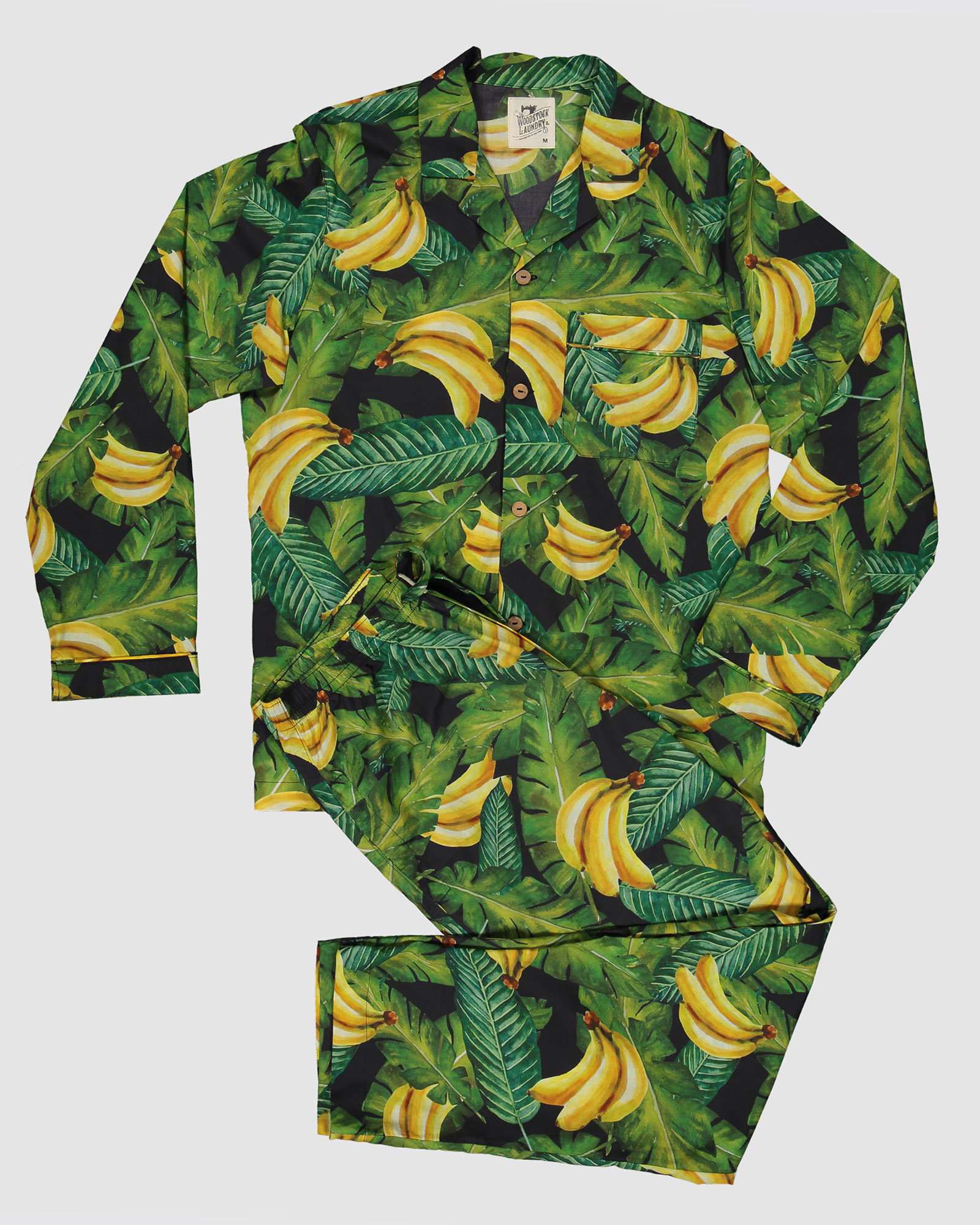 Mens Long Pyjamas Bananas on Leaves Flatpack - Woodstock Laundry UK