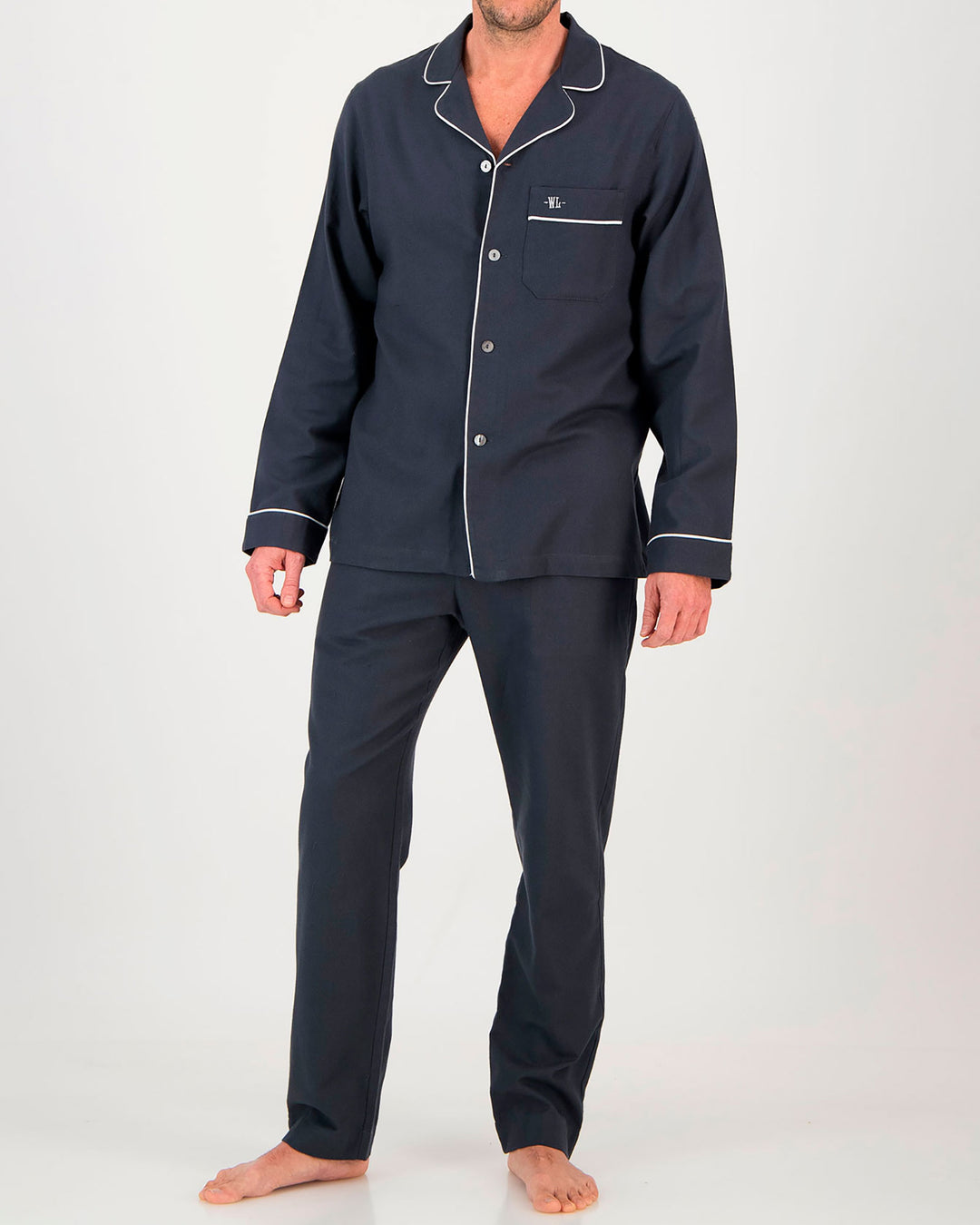 Mens Brushed Cotton Flannel Long Pyjamas in Charcoal with White Piping Front - Woodstock Laundry UK