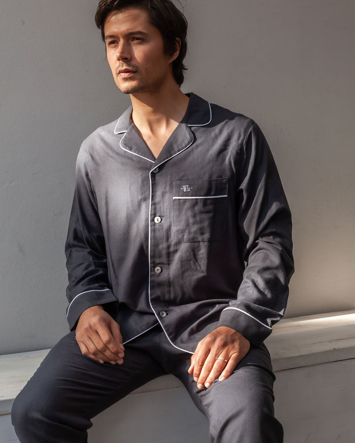 Mens Brushed Cotton Flannel Long Pyjamas in Charcoal with White Piping Lifestyle - Woodstock Laundry UK