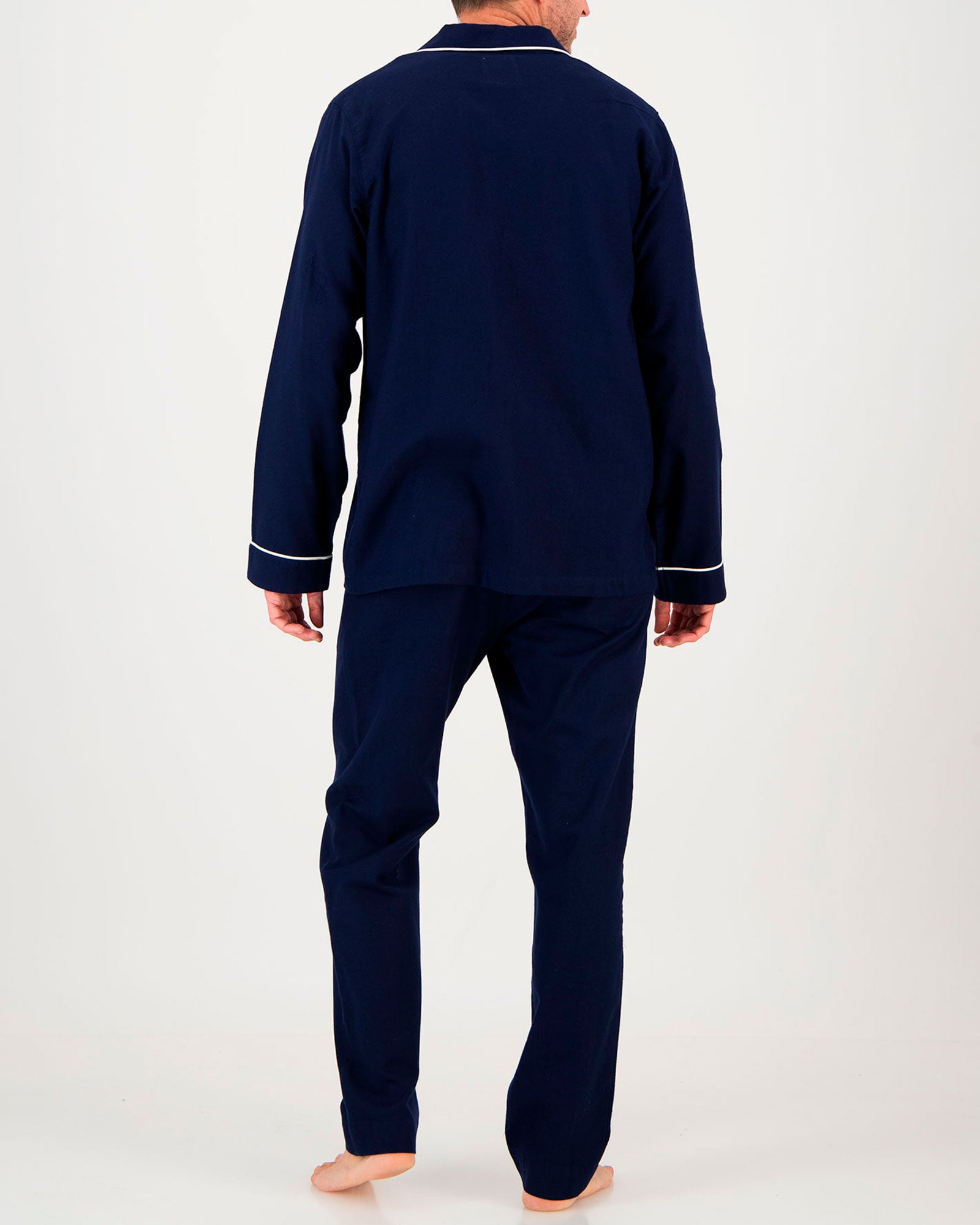 Mens Brushed Cotton Flannel Long Pyjamas in Navy with White Piping Back - Woodstock Laundry UK