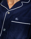 Mens Brushed Cotton Flannel Long Pyjamas in Navy with White Piping Detail - Woodstock Laundry UK