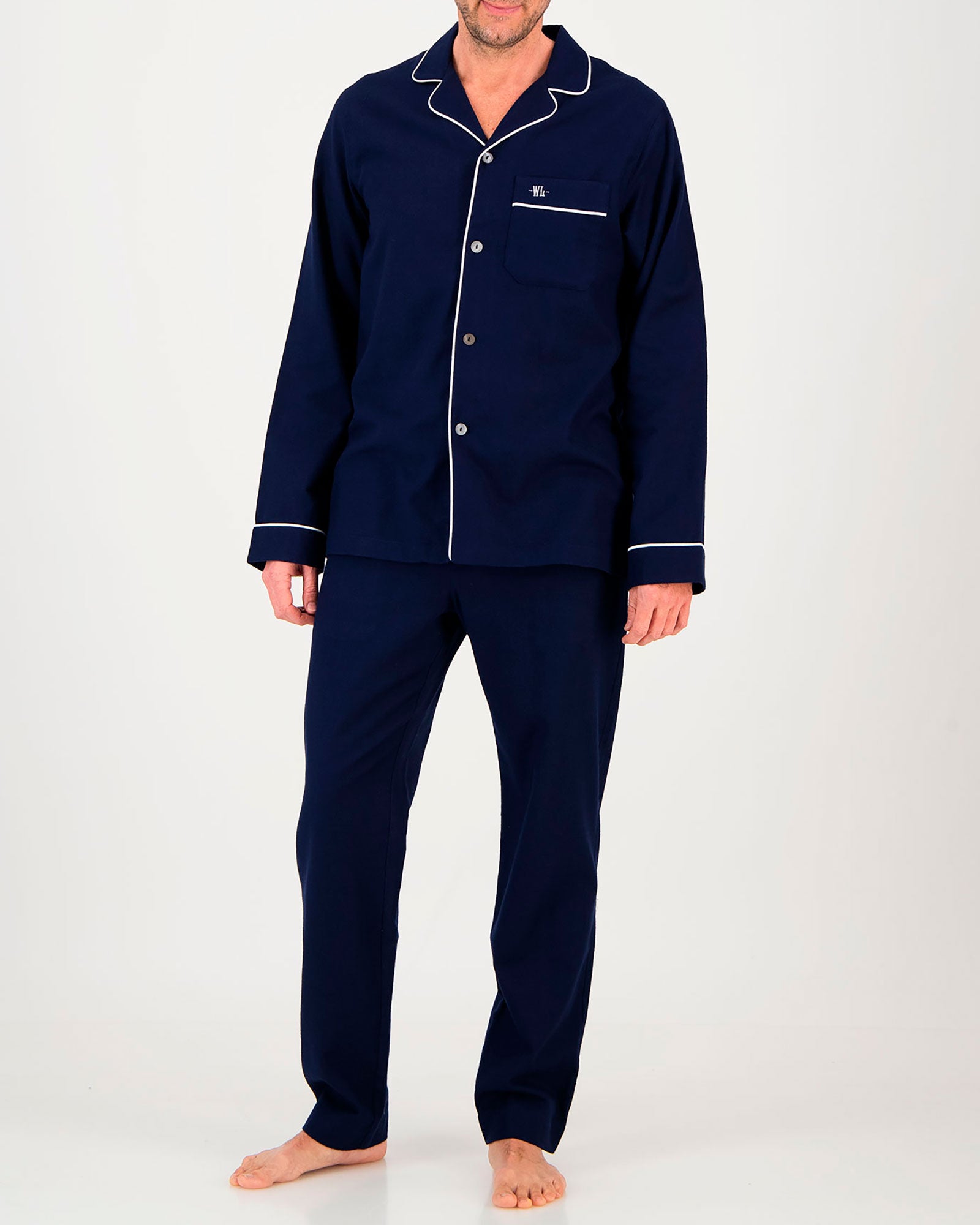 Mens Brushed Cotton Flannel Long Pyjamas in Navy with White Piping Front - Woodstock Laundry UK