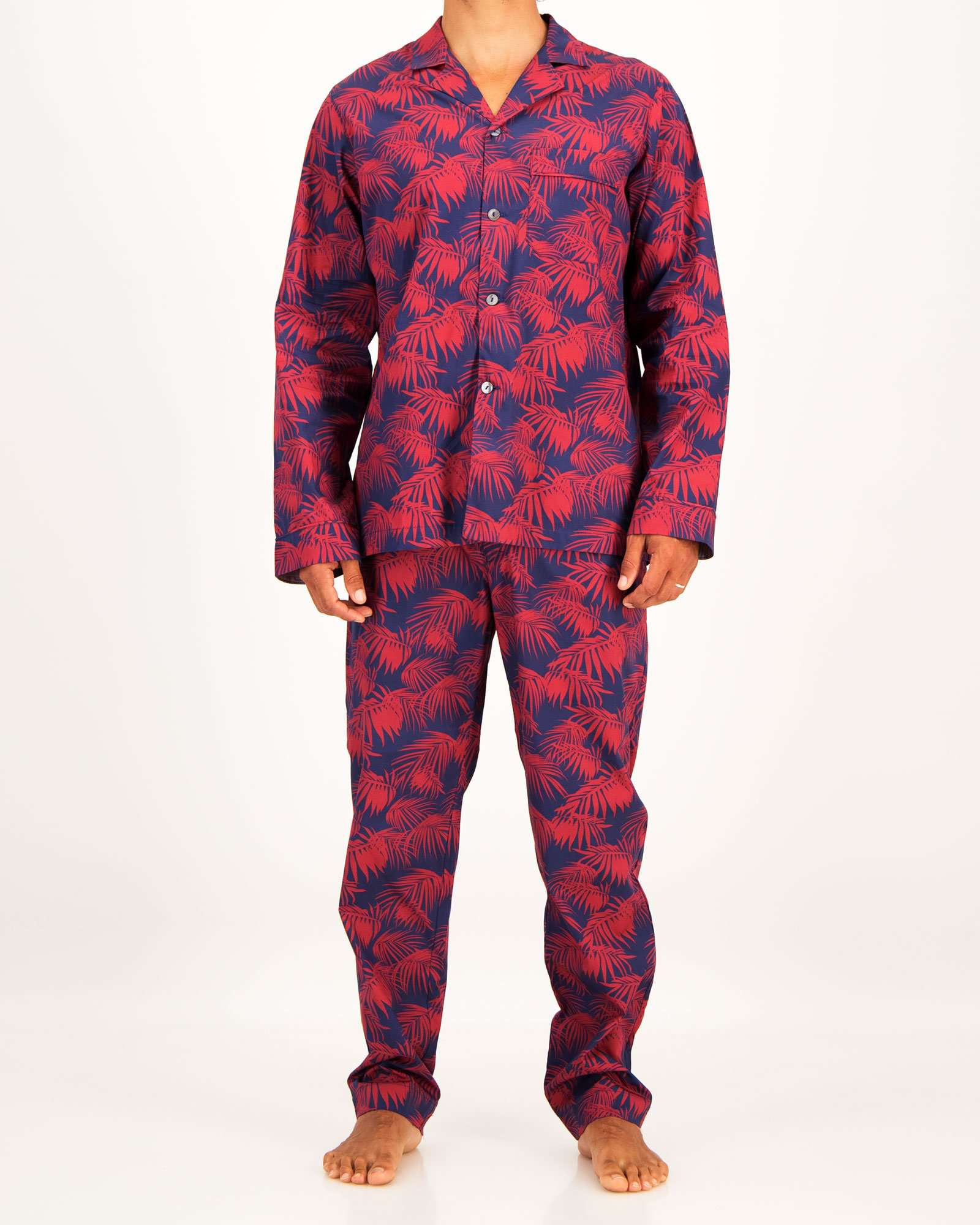 Mens Long Pyjamas Tropical Red Front - Woodstock Laundry UK