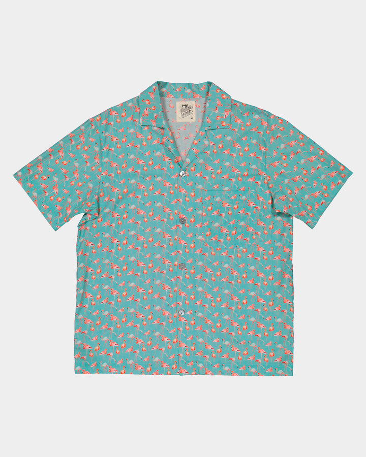 Mens Short Pyjama Shirt Blue Flamingos - Woodstock Laundry