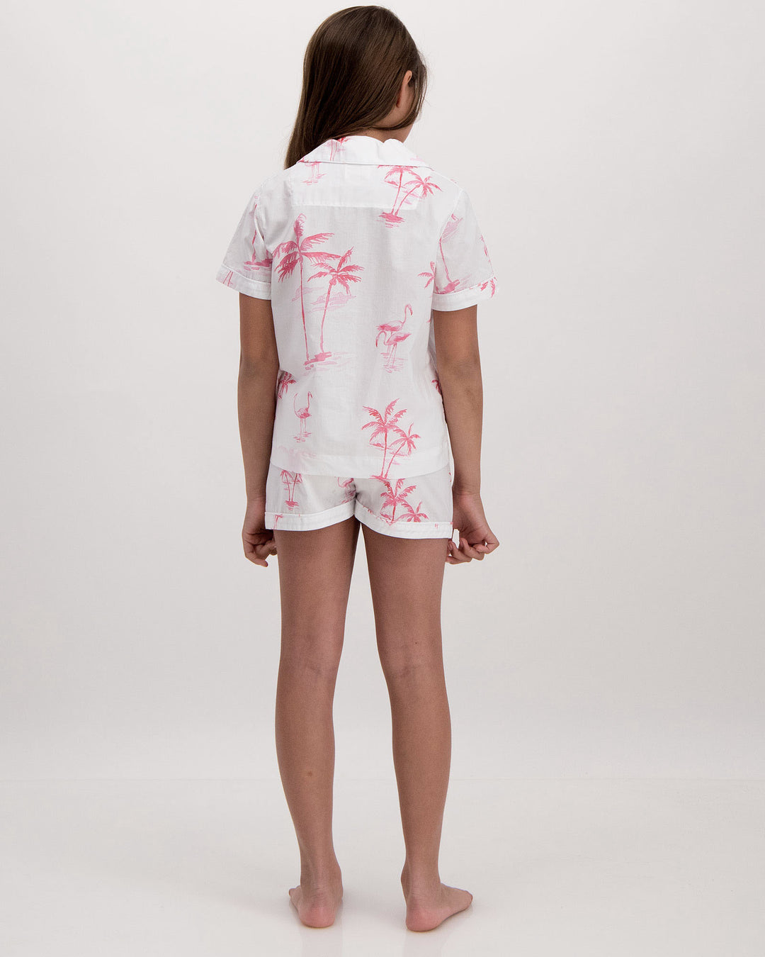 Girls Short Pyjamas Pink Palms Back - Woodstock Laundry UK