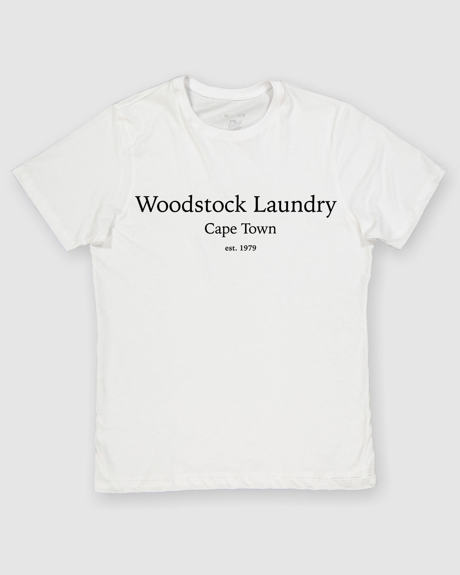Mens White Cotton T-Shirt Typo Flatpack - Woodstock Laundry UK