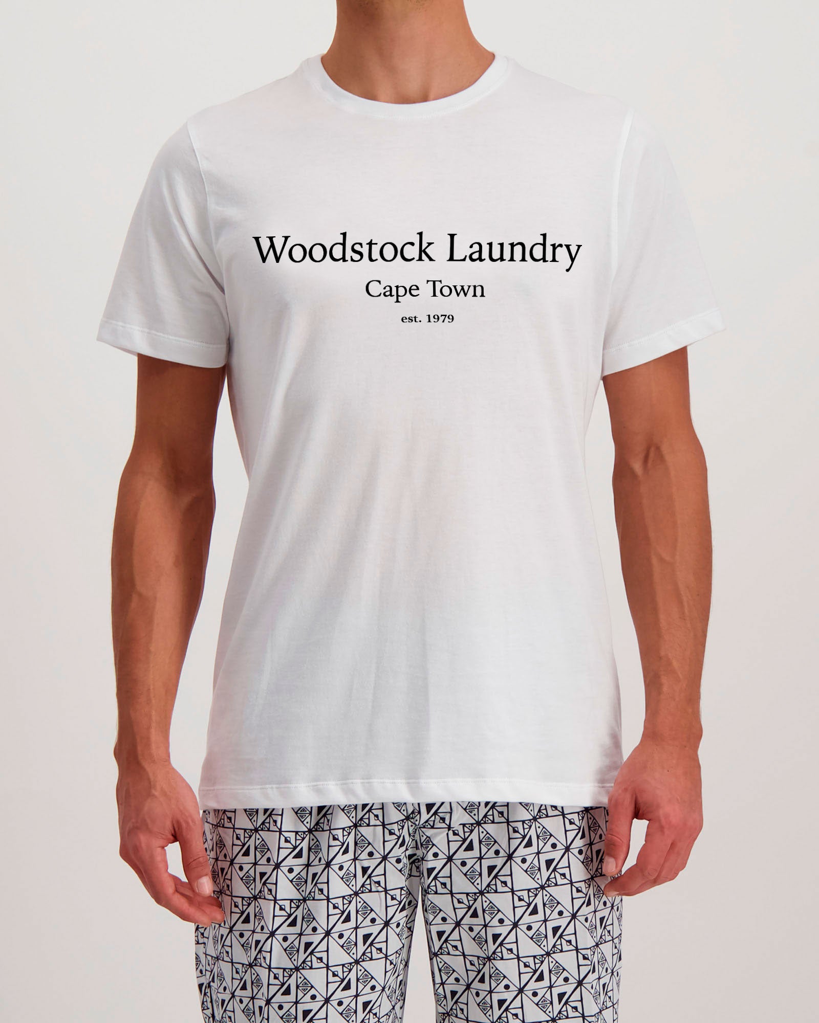 Mens White Cotton T-Shirt Typo - Woodstock Laundry UK