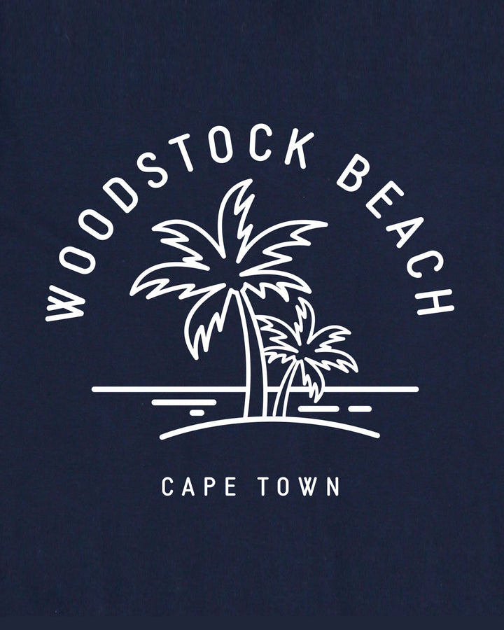 Mens Navy Cotton T-Shirt Woodstock Beach Artwork - Woodstock Laundry UK