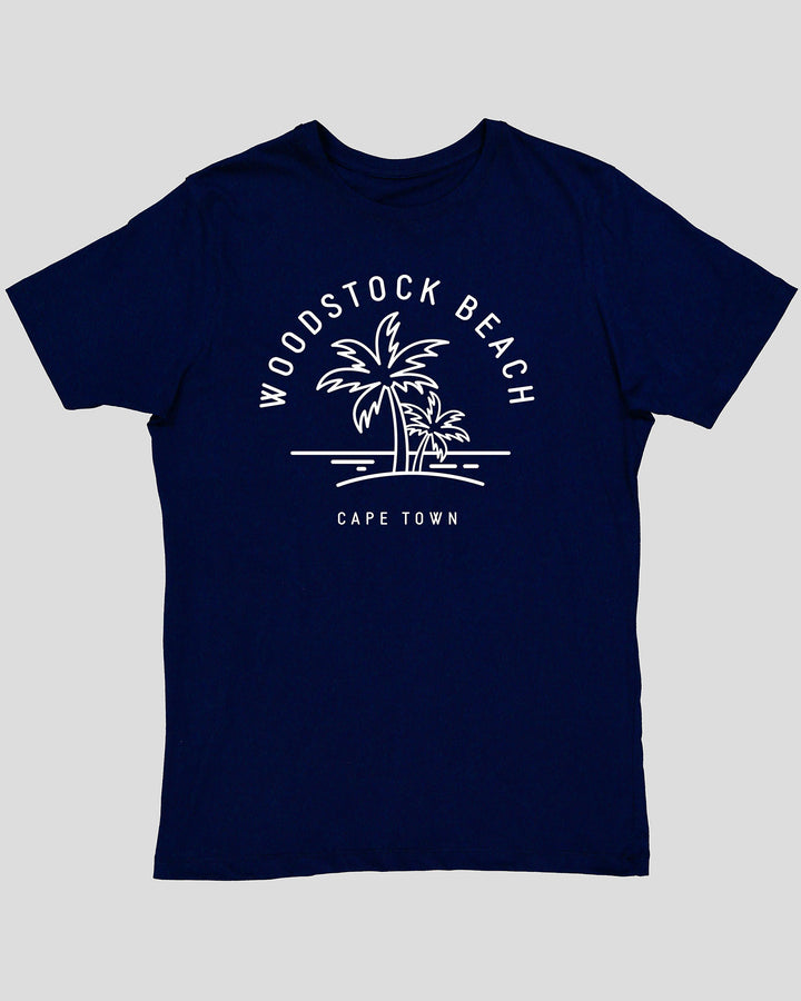 Mens Navy Cotton T-Shirt Woodstock Beach Flatpack - Woodstock Laundry UK