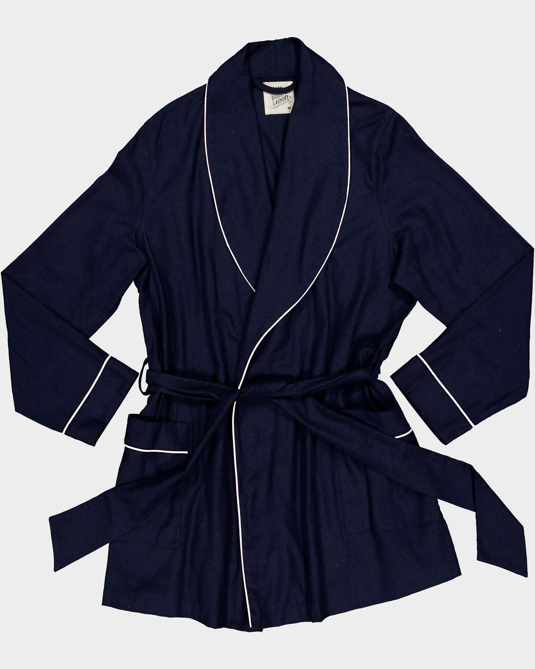 Womens Flannel Dressing Gown Navy with White Piping Flatpack - Woodstock Laundry UK