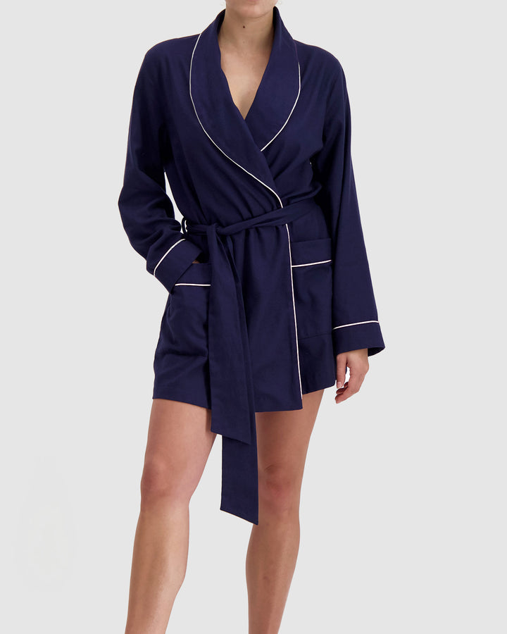 Womens Flannel Dressing Gown Navy with White Piping Front - Woodstock Laundry UK