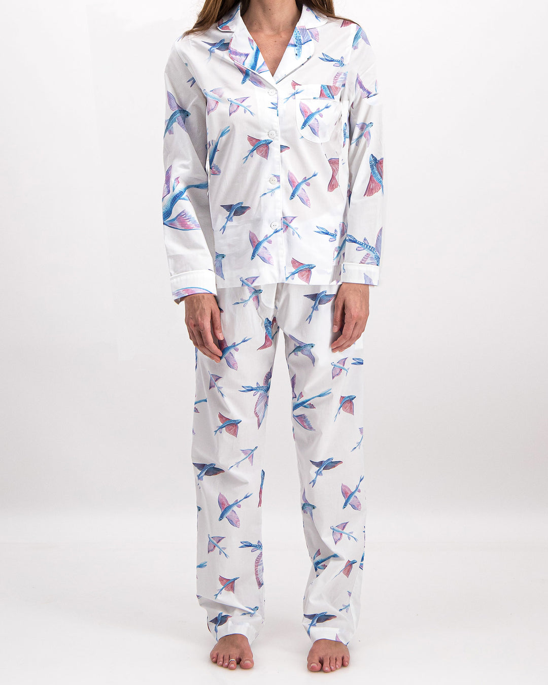 Womens Long Pyjamas Flying Fish White - Woodstock Laundry UK