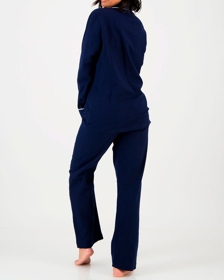 Womens Long Flannel Pyjamas Navy with White Piping Back - Woodstock Laundry UK
