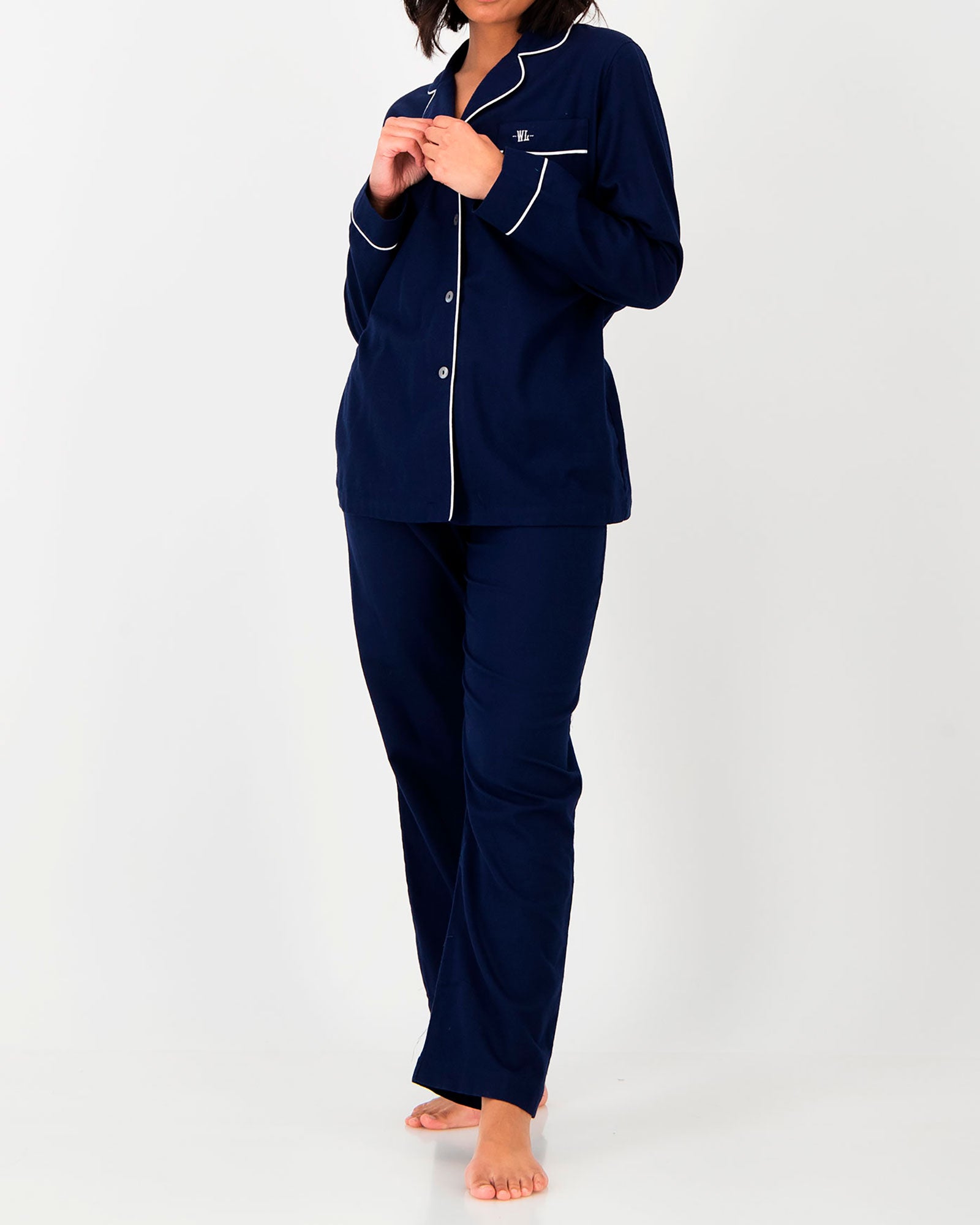 Womens Long Flannel Pyjamas Navy with White Piping Front - Woodstock Laundry UK