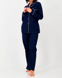 Womens Long Flannel Pyjamas - Navy with White Piping