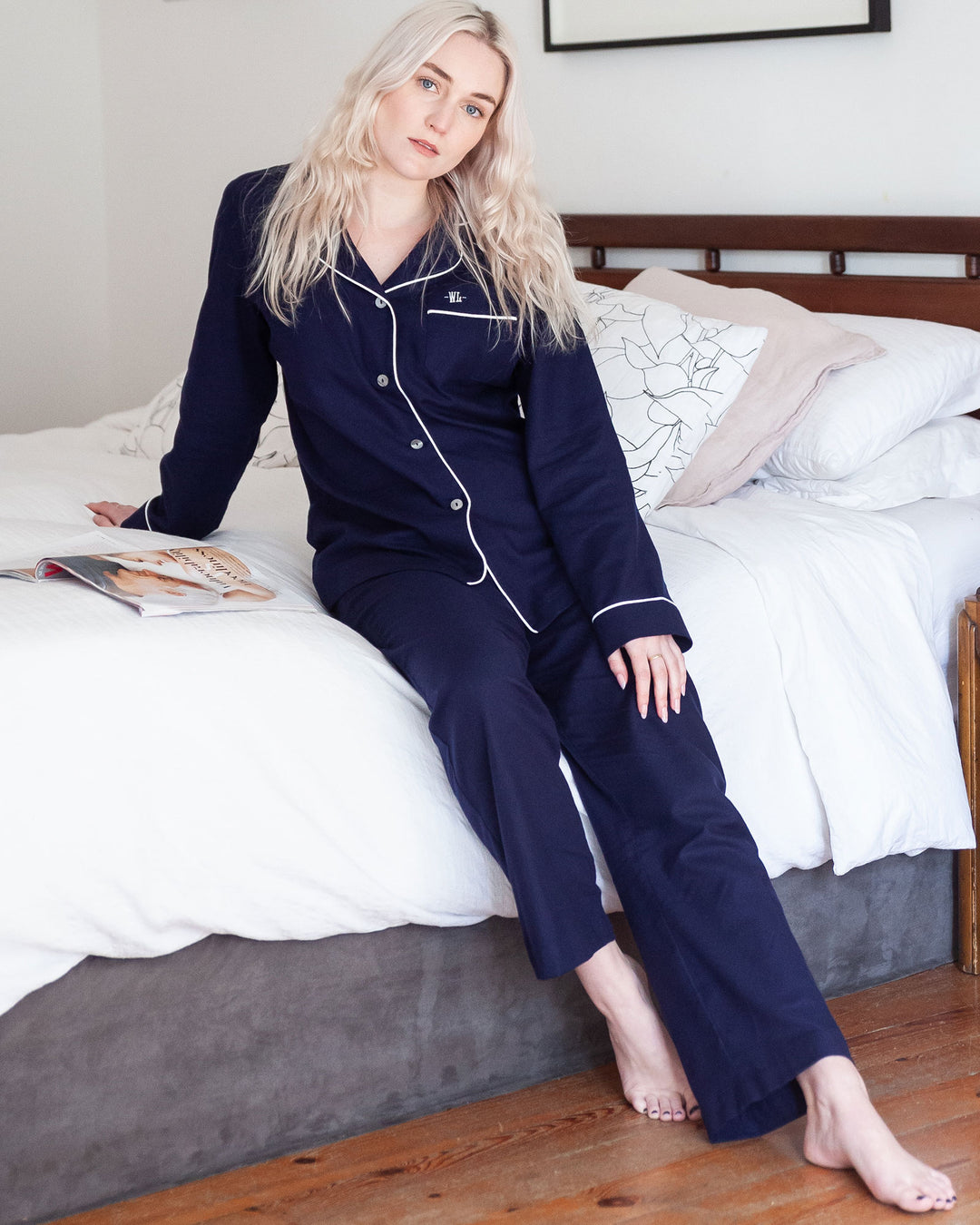 Womens Long Flannel Pyjamas Navy with White Piping Lifestyle - Woodstock Laundry UK