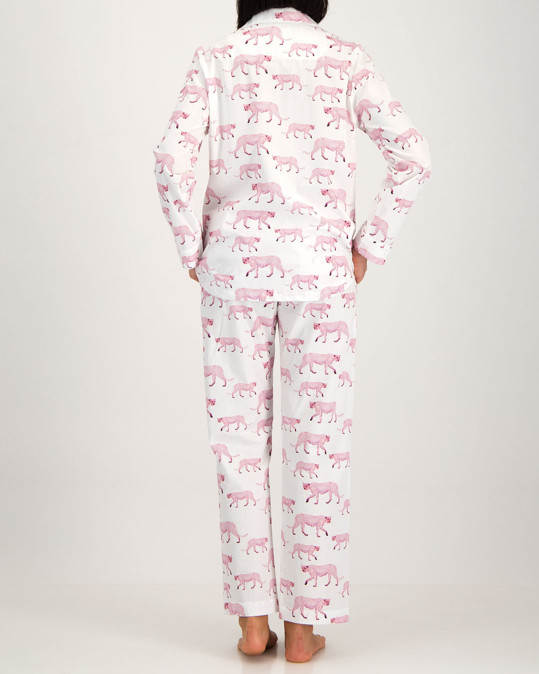Womens Long Pyjamas Pink Cheetahs Back - Woodstock Laundry UK