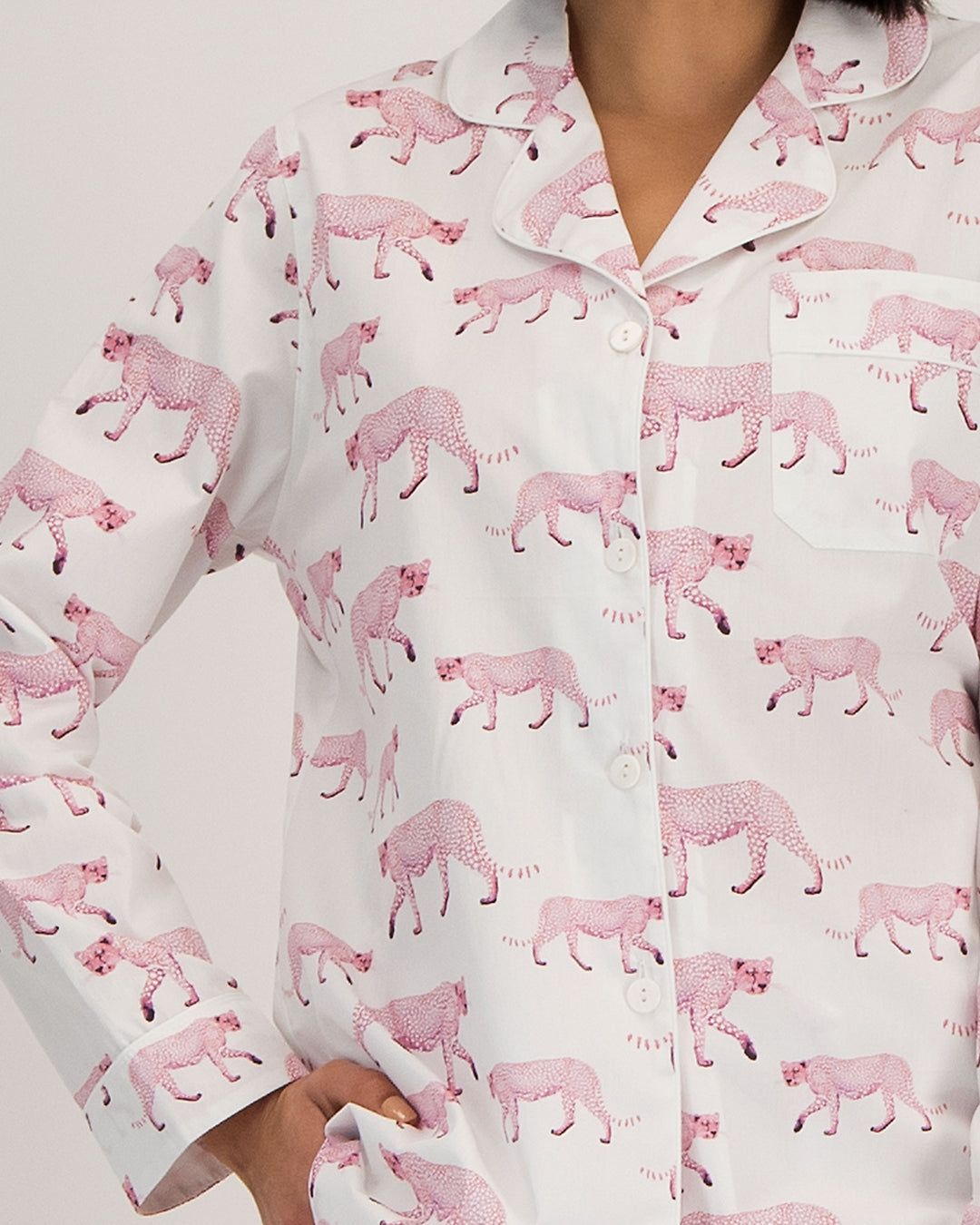 Womens Long Pyjamas Pink Cheetahs Detail - Woodstock Laundry UK