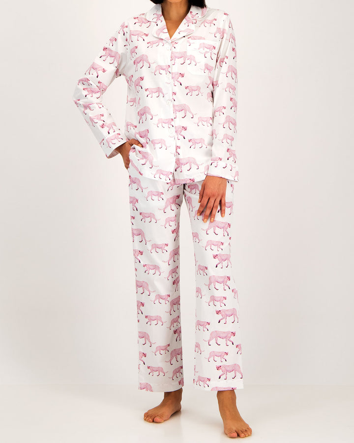 Womens Long Pyjamas Pink Cheetahs Front - Woodstock Laundry UK