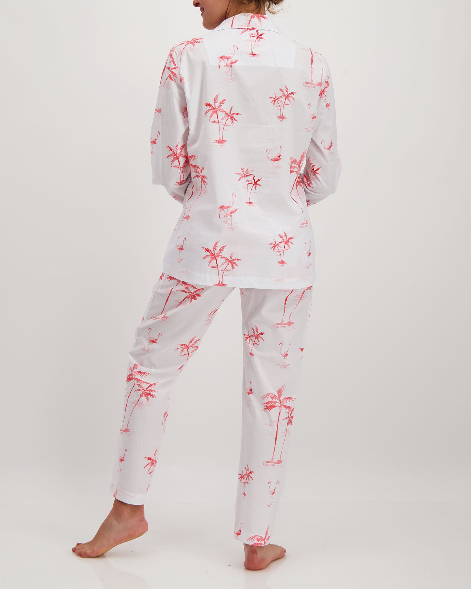 Womens Long Pyjamas Pink Palms Back - Woodstock Laundry UK