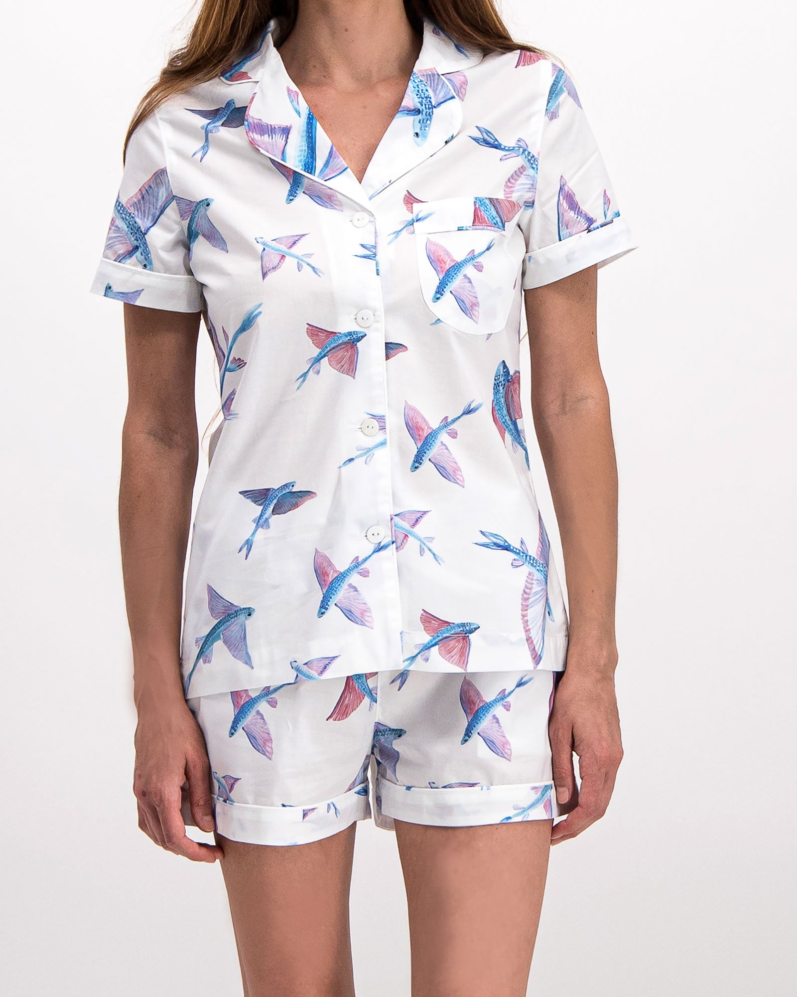 Pyjamas Flying Shop Womens Short Pyjamas - Flying Fish White | Woodstock Laundry UK