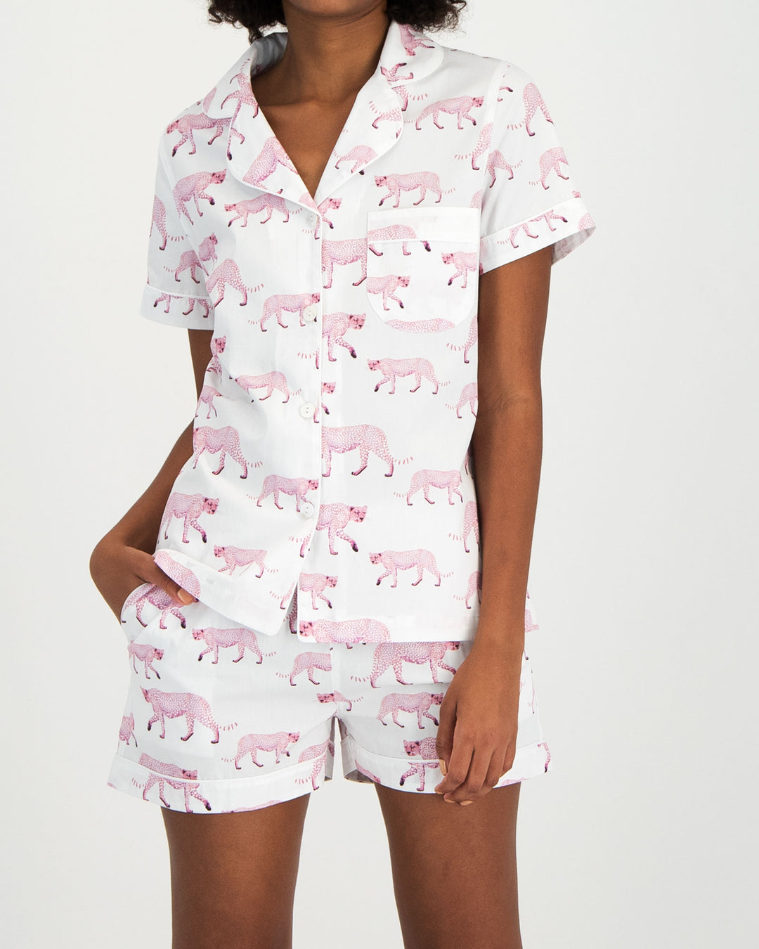 Womens Short Pyjamas Pink Cheetahs Front - Woodstock Laundry UK