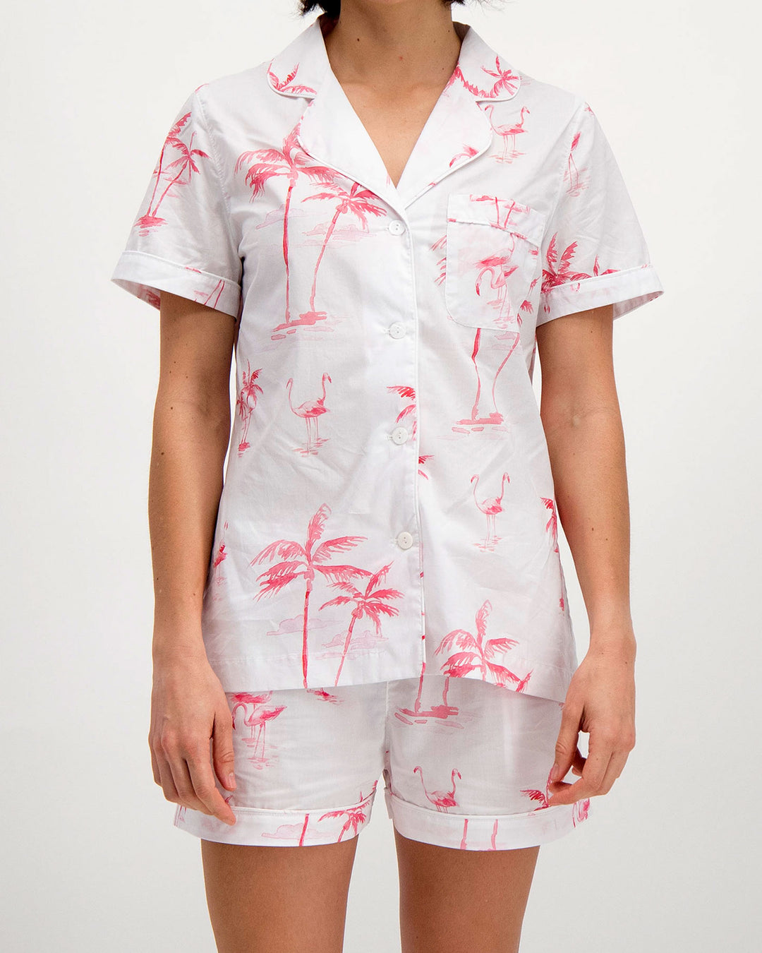 Womens Short Pyjamas Pink Palms Front - Woodstock Laundry UK