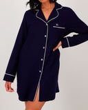 Womens Sleep Shirt Navy Cotton Flannel with White Piping Front - Woodstock Laundry UK