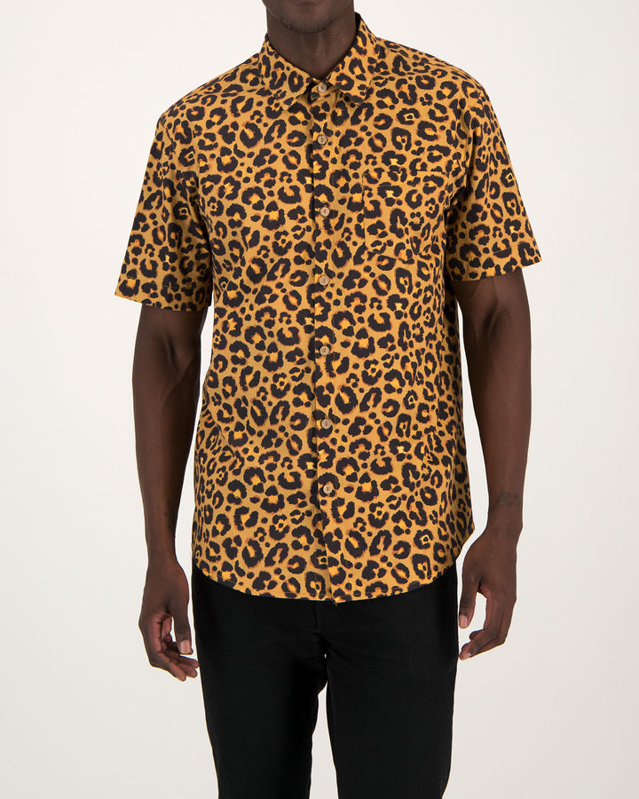 Mens Organic Cotton Holiday Shirt Leopard-print for Summer Front - Woodstock Laundry UK